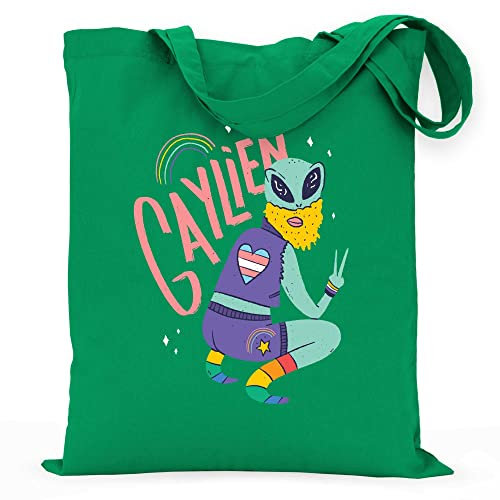 wowshirt Stoffbeutel Jutebeutel Gaylien Alien Transgender Flagge LGBT Homosexuell LGBTQ, Farbe:Kelly Green