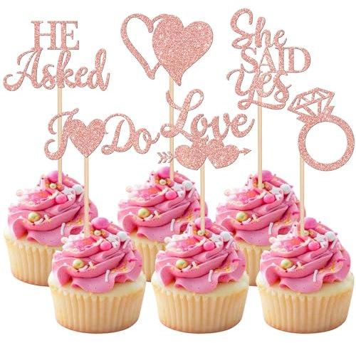 36 Stück He Asked She Said Yes Tortendeko Geburtstag She Said Yes Cake Topper Glitzer Tortendeko Diamantring Kuchendeckel Muffin Dekoration für Hochzeit Verlobung Braut party Dekorationen Roségold