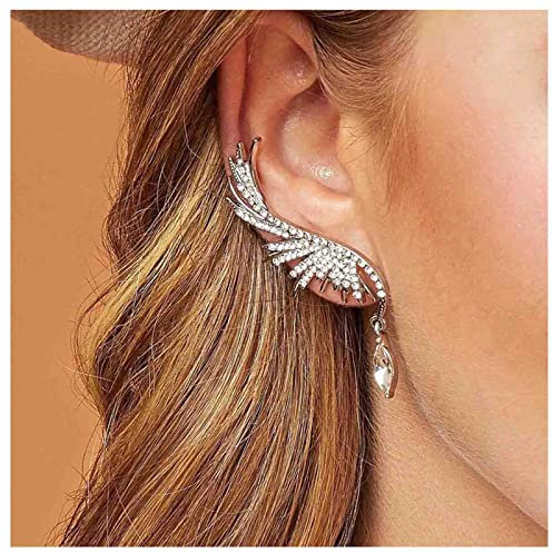 Dervivea Bohemia Angel Wing Ear Climber Pendientes Plata Cristal Pluma Stud Pendientes Gota de agua Cristal Crawler Pendientes Bling CZ Alas Cartílago Wrap Pendientes Joyas para mujeres y niñas