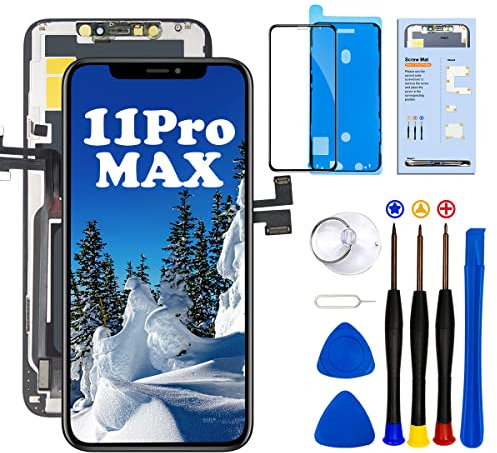 Dinow For iPhone 11 Pro Max Display Replacement (Black) 6.5 Inch Touch Screen iPhone 11 Pro Max Display Digitizer Frame Assembly + Tool Kit + Tempered Glass + Waterproof Adhesive for A2161/A220/A2218