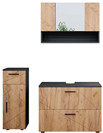 Vicco Conjunto de Muebles de baño Irma, Antracita/Roble, 3 Piezas, con cajonera y Mueble Midi