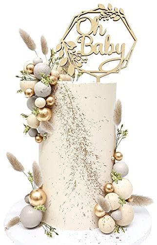 Wood Oh Baby Cake Topper Boho Cake Toppers Balls Cake Topper Decorations Baby Shower Decorations for Boho Baby Shower Birthday Wedding Gender Reveal Cake Decorations (Gray)