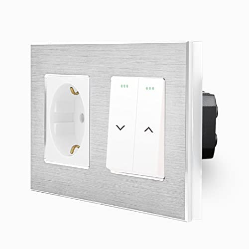 Luxus-Time Wipp Schuko Steckdose + Rollladentaster Impuls-Schalter für Jalousie Markiese Rollladen Hoch/Runter inkl. Aluminium Rahmen 2 Fach Einbau UP weiß