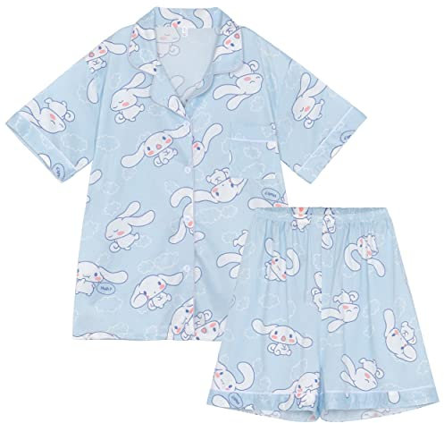 WANHONGYUE Kawaii Cinnamoroll Pigiama Donna Ragazza Corto Estivo Due Pezzi Maglietta Manica Corta e Pantaloncini Set di Pigiama Camicie da Notte Abbigliamento per La Casa Blu-1 XL