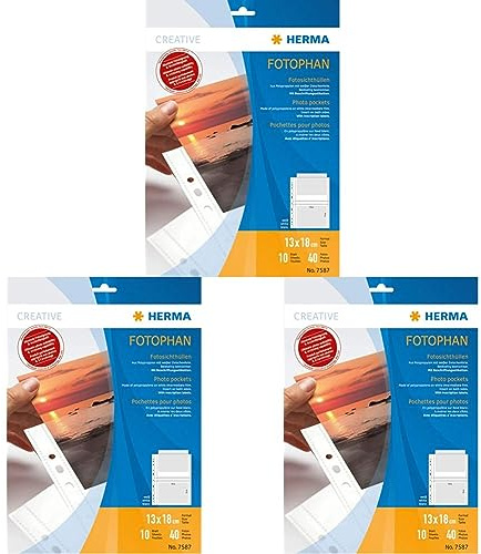 HERMA 7587 Fotophan Fotosichthüllen weiß (13 x 18 cm quer, 10 Hüllen, Folie) mit Eurolochung für Ordner und Ringbücher, beidseitig bestückbare Fotohüllen (Packung mit 3)