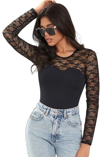 ohyeahlady Women's Bodysuits Sexy Mesh Lace Lingerie Long Sleeve Leotard Body Suit Black Jumpsuit Clubwear Tops Plus Size UK 14