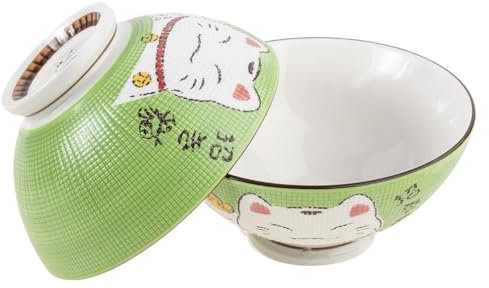 lachineuse – 2 cuencos para sopa o ramen, diseño Maneki Neko – Duo verde – cuencos multiusos – porcelana – Decoración japonesa – idea de regalo de Japón Asia