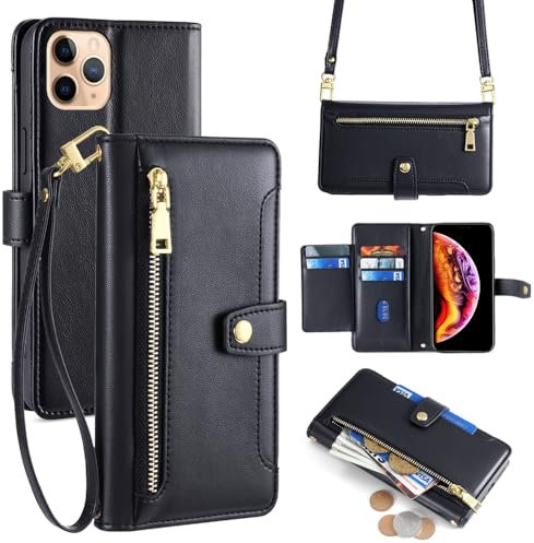 Arseaiy Wallet Case for Samsung Galaxy A02 Flip Phone Case with Crossbody Strap Magnetic Handbag Zipper Pocket PU Leather Shockproof with Kickstand Phone Shell Black