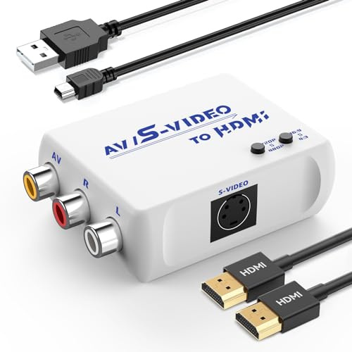 HTDYOO Adattatore convertitore da RCA/S-Video a HDMI, supporto 4: 3/16: 9 Aspect Ratio, 720P/480P, convertire S-Video AV a HDMI compatibile per PAL/NTSC per TV/PC/PS1/PS2/STB/Xbox/VHS/VCR/DVD (bianco)