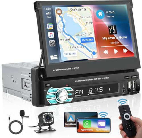 Hikity Wireless Carplay Autoradio 1Din Bildschirm Ausfahrbar 7Zoll Radio Stereo 1Din mit Android Auto Type-C 2USB AUX TF Bluetooth-Freisprecheinrichtung FM RDS Mirror Link MIC Rückfahrkamera