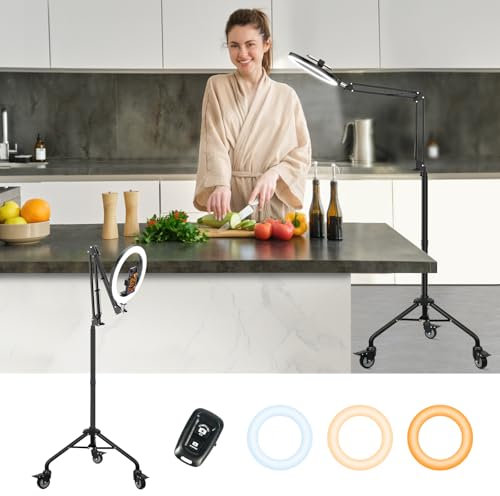 LUXSURE 10 Ring Light with Tripod Stand & Phone Holder Tall 175cm/69'', Movable Overhead Phone Mount with Casters, Overhead Tripod with Light for Cooking/Live Stream/Video Recording/Photography