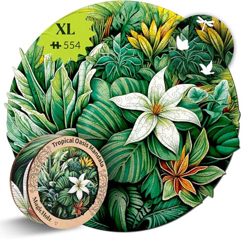 MagicHolz – Holzpuzzle Mandala Tropische Oase – rundes Holz Puzzle Ø 47 cm – besondere Geschenkidee für Erwachsene & Kinder – inkl.Premium Holzbox