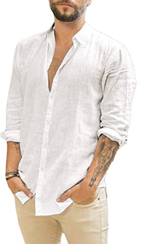 Runcati Camicia da Uomo a Maniche Lunghe in Lino con Colletto rovesciato, Camicia Casual da Lavoro, Camicia Estiva, Bianco, M