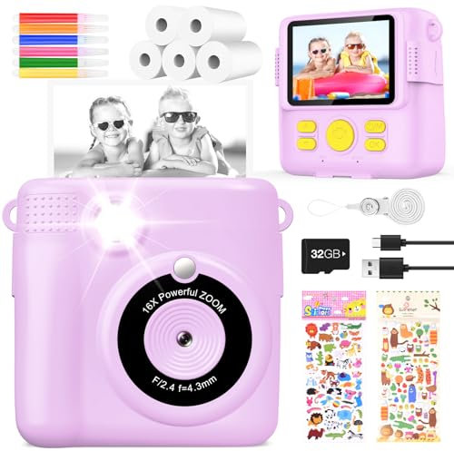KinderKamera DigitalKamera Print Sofortbildkamera 1080P Videokamera Schwarzweiß Fotokamera (Lila)