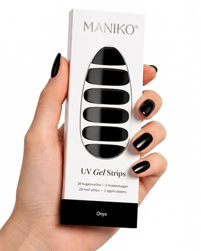 Maniko UV Gel Strips Onyx Schwarz – 20 UV Nagelsticker, 2 Anwendungen | UV Nagellack zum Kleben, selbstklebende Nagelfolie für natürliche Nägel, vegan & langanhaltend – Geschenk zu Geburtstag