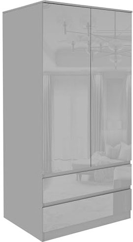 Blisswood High Gloss 2 Door 2 Drawer Wardrobe for Bedroom with Shelf Hanging Rail Cloth Storage Wooden Wardrobe with Drawer Large Cupboard Bedroom Furniture, Grey