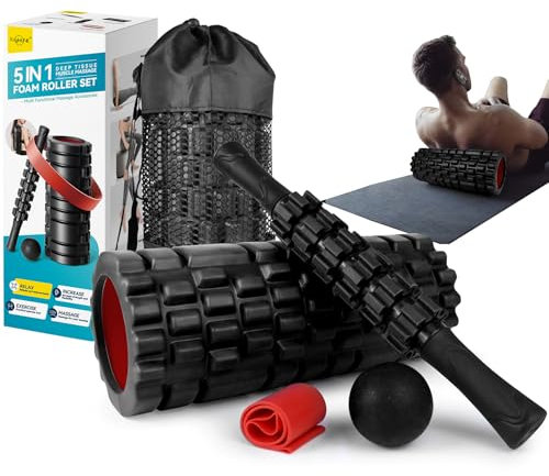 Krightlink 5-in-1 Foam Roller Set - Deep Tissue Muscle Recovery Kit with High Density Exercise Roller, Massage Ball, Resistance Band & Carry Bag for Physical Therapy & Pain Relief (Black)