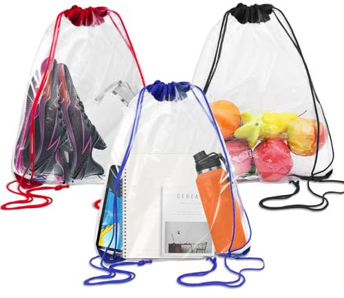 Piuluvor® 3 Stück Durchsichtiger Rucksack Transparent Turnbeutel Wasserdicht Drawstring Cag PVC Clear Bag Festival Transparente Tasche Klein mit Kordelzug Unisex (34 × 45cm)