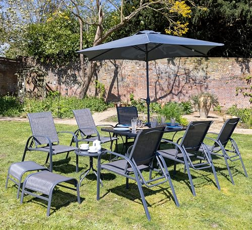 Hectare Polytex 8 Seater Metal Garden Furniture Outdoor Dining Set with Reclining Chairs and Parasol in Grey