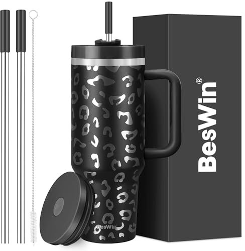40 oz Tumbler with Handle and Straw, 2 Lids (2 in 1 & Leakproof Lid) - Vacuum Insulated Stainless Steel Double Wall Water Bottle Travel Mug - Holiday Gifts for Women Men - Black Leopard