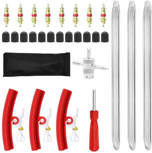 WYYFXY® Reifenmontage Set, 29 Stück Montiereisen Reifen Reifenheber Tool, 3 Reifenmontierhebel, 3 Felgenschutz, 8 Autoventil, 12 Ventilkappen, 2 Ventilschlüssel, 1 Tasche