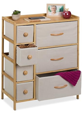 Relaxdays Kommode, Bambus, 7 Stoffschubladen, Flur, Schlafzimmer, HxBxT: 73x61,5x32,5 cm, Schubladenschrank, Natur/beige