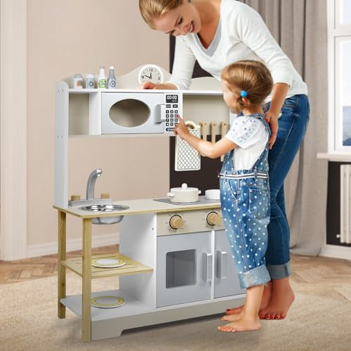 Kidsbuddy Spielküche für Kinder,KinderKüche Holz mit Kochgeschirr Zubehör,Puppenküche aus Holz,Kinderrollenspiele für Kinder,Holzküche,Kinder Küchenset für Kinder ab 3 Jahren,für Kinder Geschenk-Typ A