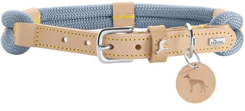 HUNTER Hundehalsband Malia, Farbe: taubenblau/Natur, aus geschmeidigem Tau & robustem Leder, leicht, strapazierfähig, moderner & eleganter Look, frische Farben, Made in Germany, Größe: 55