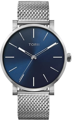 TORII Herrenuhr Blau Edelstahl - rund Quarz S45SG.NS Milanaise-Armband Strichindizes wasserdicht 100 m