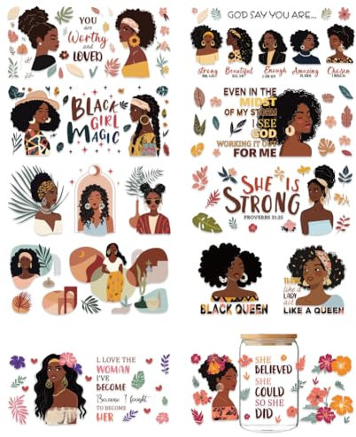 GOMAKERER UV DTF Cup Wrap 10 Blatt Schwarze Mädchen UVDTF Aufkleber Mädchenpower Für Tassen Transferdekoration Frauen Selbstbewusst Elegant Wasserdicht UV DTF Wraps Für Glasbecher DIY Holzhandwerk