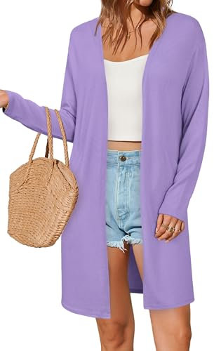 OUGES Strickjacken füR Damen Lang Cardigan Elegante Leicht Strickjacke Herbst Strickjackenpullover mit Taschen Lila M