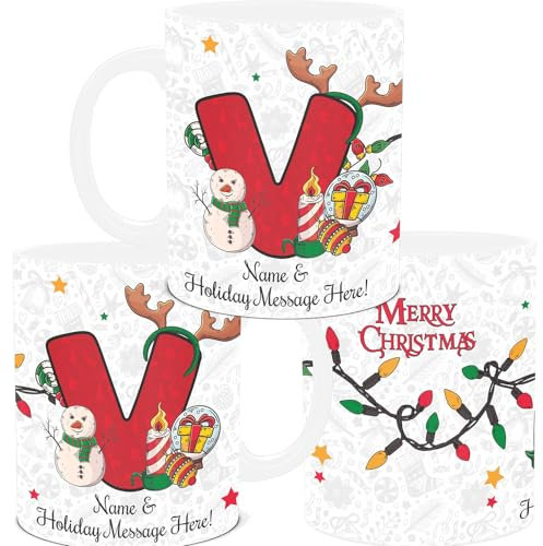 lepni.me Unique Christmas Mug with Initial Letter V Personalised Monogrammed Cup with Your Name & Text, Alphabet Design, Coffee & Tee Cup for Men, Women & Children, Customised Gift Monogram V, 11 oz.