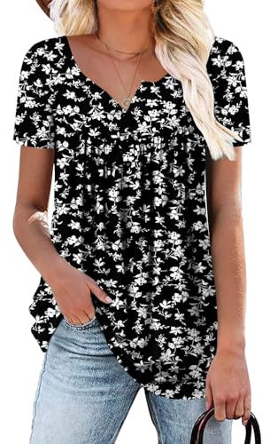 KISSMODA Short Sleeve Shirts for Women Tunic Tops Buttons Up T-shirts FloPlants XXLarge