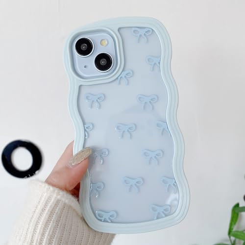 QLTYPRI Bow Case for iPhone 14 Plus/iPhone 15 Plus, Clear Cute Ribbon Bow Phone Case Curly Wavy Aesthetic Phone Case, Slim Soft Transparent Shockproof Protective Cover for Women Girls - Light Blue