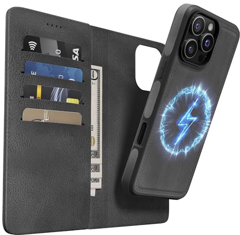OASISBLUE iPhone 16 Pro Max Hülle,[2 in 1 Magnetisch Abnehmbar] Kabelloses Laden Kompatibel Stoßfest Schutzhülle Lederhülle Klapphülle Handyhülle für iPhone 16 Pro Max - schwarz