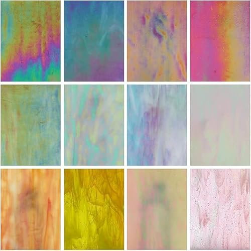 CHICSHIS Lot de 12 feuilles de verre teinté irisé pour mosaïque artisanale, 10,2 x 15,2 cm, arc-en-ciel lumineux, lot de verre opaque