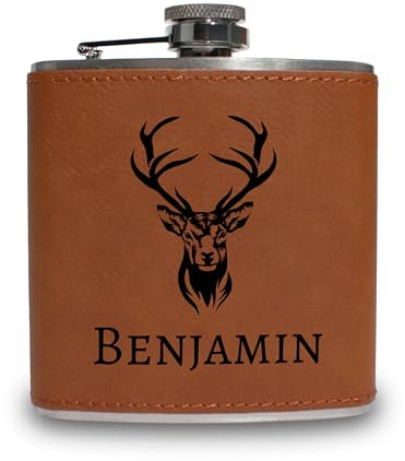 Flachmann personalisiert mit Gravur - Hirsch Design mit deinem Namen - Edelstahl mit Kunstleder - Geschenk für Männer - Outdoor & Camping - Braunes Kunstleder
