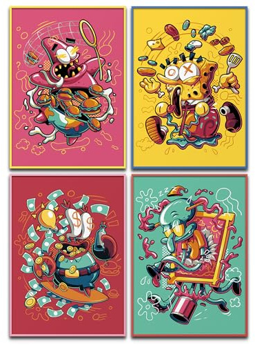 canvea SpongeBob Poster Set – 4er Set im abstrakten Krustypants Stil – Kunstvolle DIN A4 Bilder von SpongeBob, Patrick, Thaddäus & Mr. Krabs – Popkultur Wanddeko
