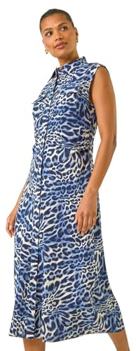 Roman Originals Animal Print Gathered Shirt Dress for Women UK - Ladies Everyday Holiday Spring Summer Shirt Style Collar Comfy Soft Evening Vacation Work Party - Blue - Size 16