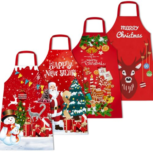 4 Stück Weihnachtsschürze Wasserdicht, Schürze Weihnachten Kochschürze | 4 wasserdichte Weihnachtsschürzen mit lustigen Motiven für Frauen & Männer; ideal für Hausarbeiten, Kochen & Backen