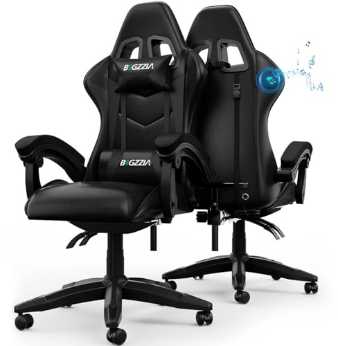 Bigzzia Ergonomic Gaming Chair With Speakers Lumbar and Headrest Cushions | Built-in Bluetooth Speakers, 360° swivel, High-density Padding, up to 110kg for Adults (Black)