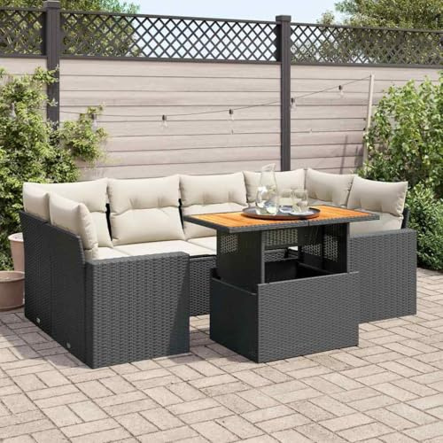 Qnhdfrt Garten Sofa Garnitur 7 teilig PE Rattan Schwarz mit Kissen Stauraum und Höhenverstellbarem Tisch für Terrasse Balkon Garten