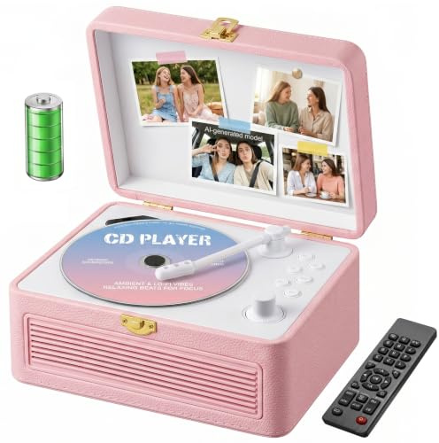 Gueray Portable Leather CD Player Bluetooth with Speakers 3600mAh Battery | Play CDs, MP3 and WMA via USB or AUX; FM radio, A-B repeat and the included remote make operation simple throughout the home
