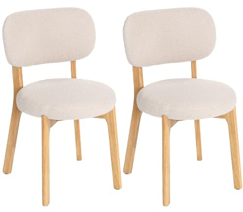 HOMCOM 2er-Set Esszimmerstühle, gepolsterte Küchenstühle ohne Armlehnen, breite Sitzfläche, geschwungene Rückenlehne und Beine aus Hevea-Holz, Stoff mit Bouclé-Wolleffekt, für Wohnzimmer, Haus, Creme