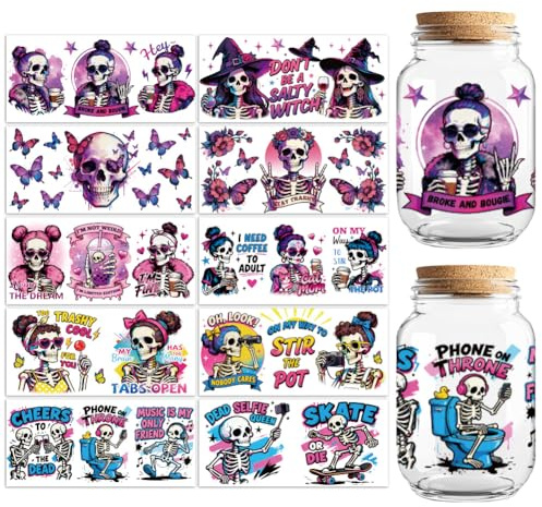 Peacoblue Humorous Skull UV DTF Cup Wraps, 10 Sheets Transfer Sticker | Waterproof UV DTF Stickers, Custom Vinyl Decals for 16oz Coffee Cups Tumblers Bottles Mugs, DIY Gifts & Crafts