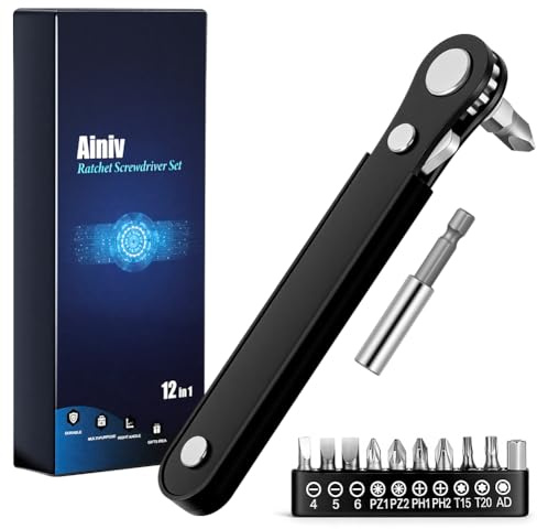 Ainiv Mini Chiave a Cricchetto a 15 Denti, 12 Pezzi Cacciavite Magnetico | ad Angolo Retto, Piccola Chiave a Cricchetto Reversibile da 1/4 con 1 Asta di Prolunga e 10 Punte per Cacciavite