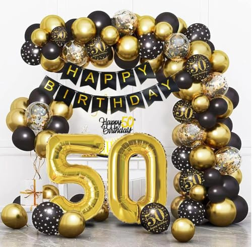 Luftballon 50. Geburtstag Schwarz Gold, Deko 50. Geburtstag, Luftballon 50, Bogen Luftballons Schwarz Gold, Geburtstagsdeko für 50 Jahre Mann Frauen