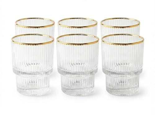 Altınbaş 6tlg. Trinkgläser-Set 170 ml aus Glas elegante Vintage Gläser im Riffel-Design mit Gold Rand Trinkgeschirr für Wasser, Tee, Saft, Limonade