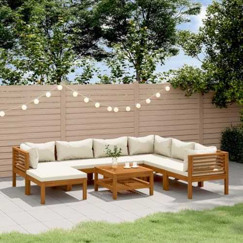 ACAGALA Gartenmöbel Set 8 Teilig, Balkonmöbel Set mit Creme Kissen, 3X Eckteil + 3X Mittelteil + Fußstütze + Tisch, Outdoor Loungemöbel Sitzgruppe Garnitur Set aus Massivholz Akazie