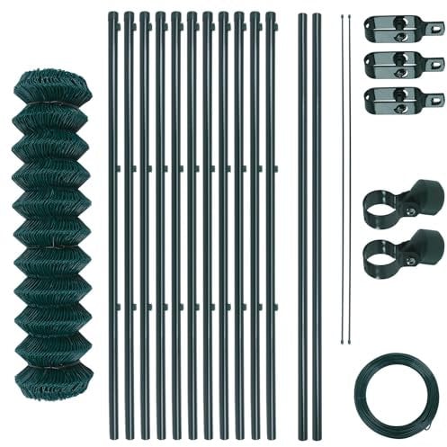 Maschendrahtzaun-Gartenzaun-Set verzinkt und grün beschichtet Maschenweite 6 x 6 cm, Zaunset, Drahtzaun, Maschendraht, Komplettset, Zaun-Set (1,5 x 25 m)